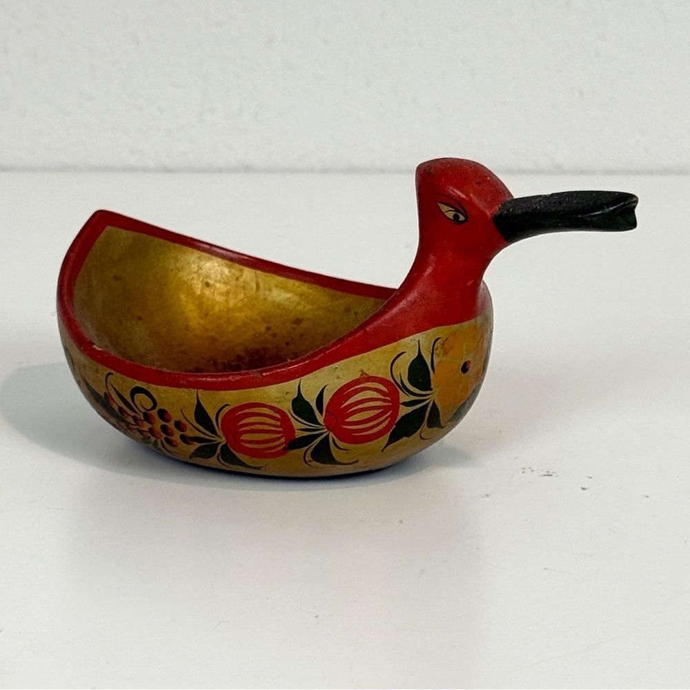 Vintage Hand-painted Wooden Lacquer Trinket Dish Bird USSR